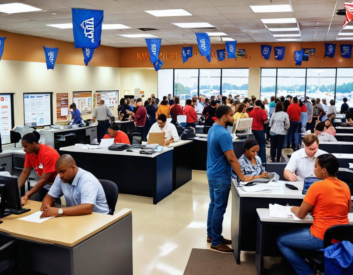 A busy DMV office scene in Virginia, with people queuing up to get their licenses. Highlight a friendly staff member assisting a nervous first-time applicant, surrounded by various signage related to driver licensing. Include Virginia state flags and iconic landmarks in the background. The atmosphere should feel welcoming yet slightly chaotic, capturing the essence of the DMV experience. super-realistic. warm colors. dynamic composition.