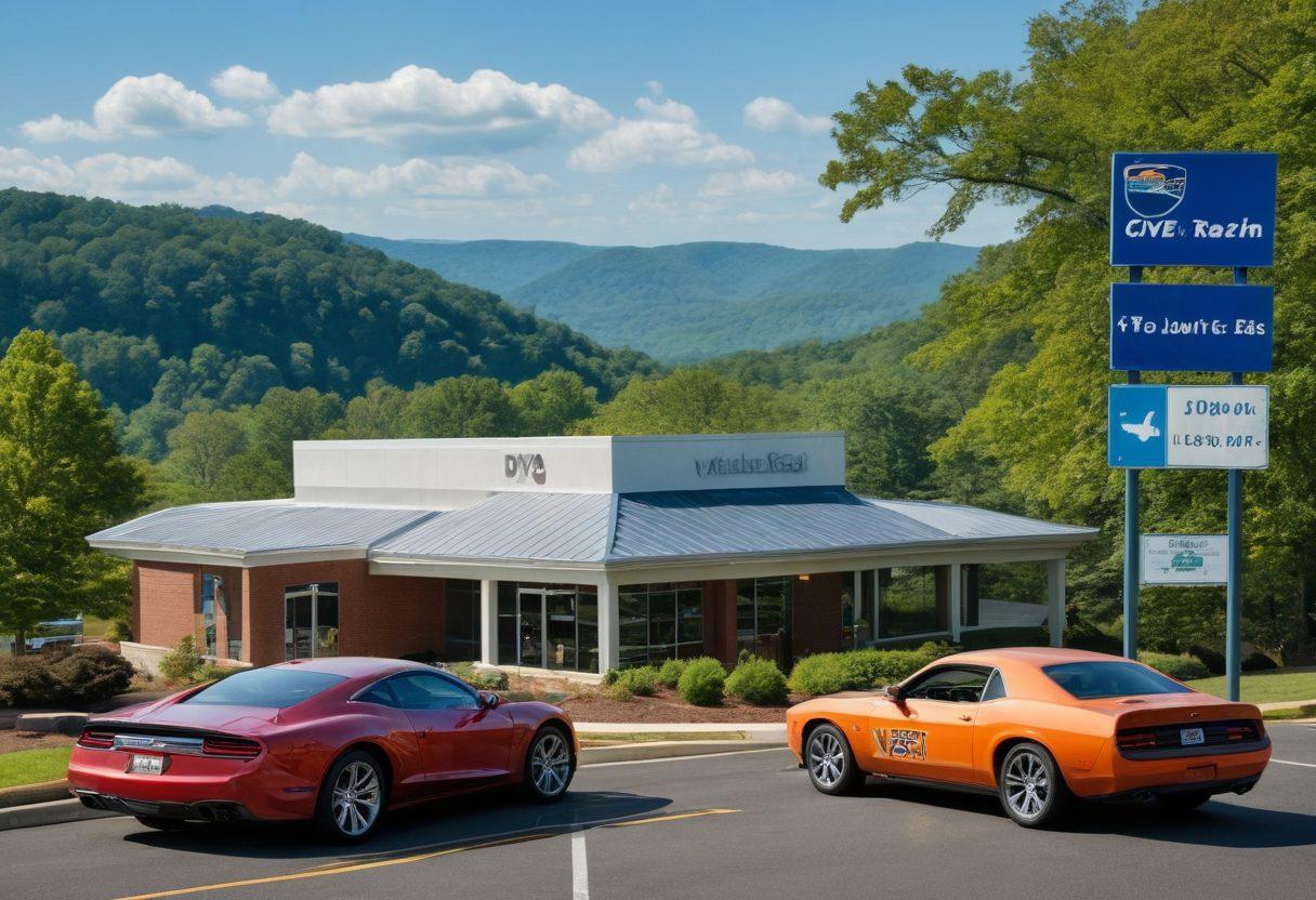An informative collage showcasing Virginia's Motor Vehicle Division with a dynamic road test scene, a vibrant DMV office, and a car driving through scenic Virginia landscapes. Include elements like renewal forms, license plates, and diverse people interacting with staff. Emphasize the blend of technology and traditional methods in vehicle registration. super-realistic. bright colors. clean background.