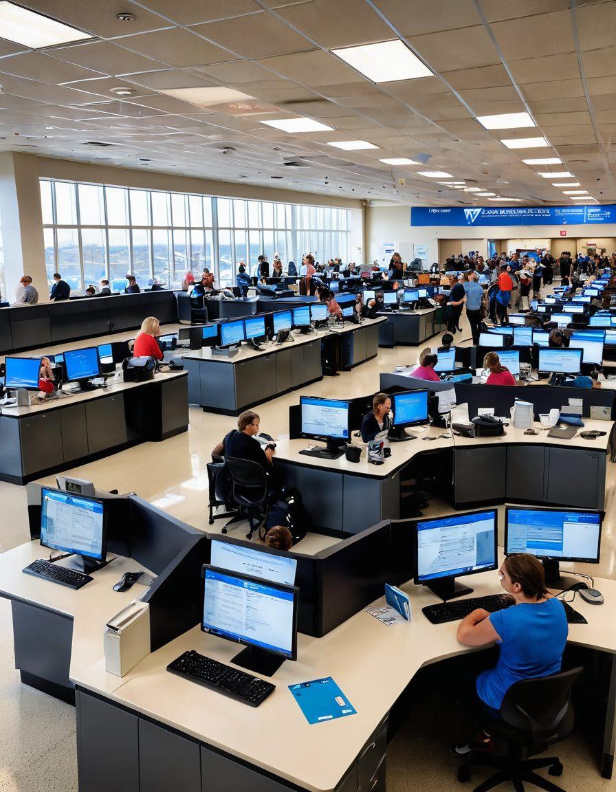 An expansive view of a Virginia DMV office bustling with activity, featuring diverse people interacting with friendly staff at the vehicle registration counters. Include signs with clear directions for services and a backdrop showcasing Virginia's iconic scenery through large windows. Capture the essence of organized chaos with colorful documents and digital screens displaying helpful information. super-realistic. vibrant colors. wide-angle perspective.